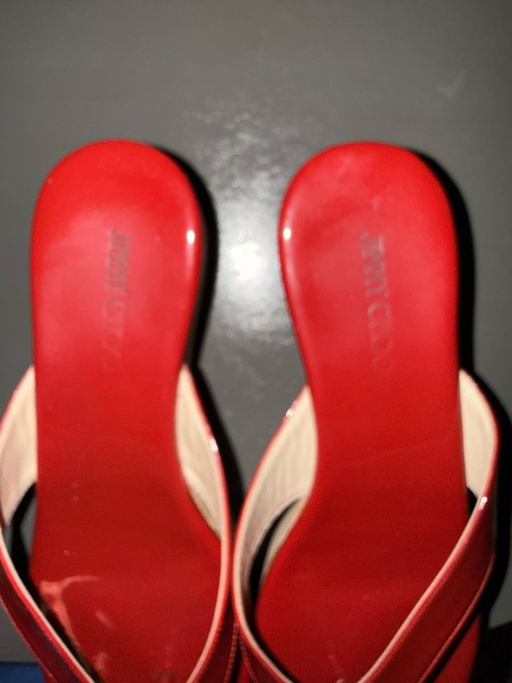 Jimmy Choo Red Patent Leather Platform Thong Mules with Gold Toe Plate - Picture 4 of 6